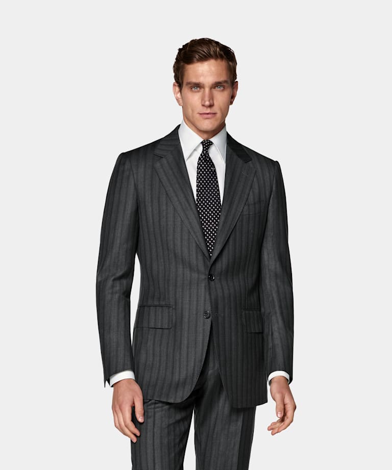 SUITSUPPLY All Season Pure S130's Wool by Reda, Italy Dark Grey Striped Tailored Fit Milano Suit