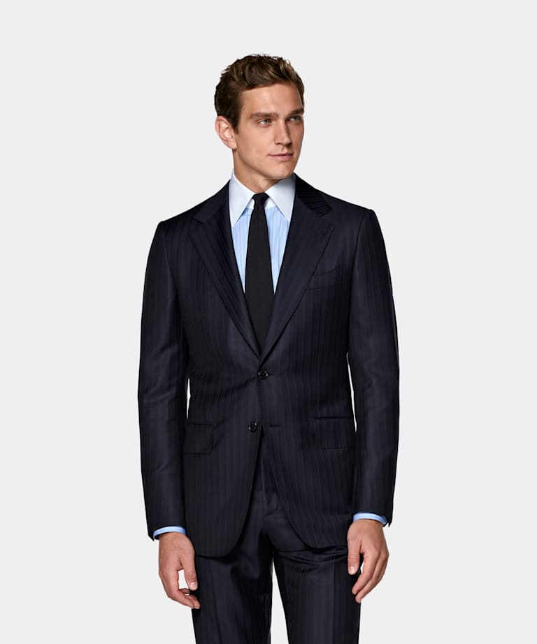 SUITSUPPLY All Season Wrinkle-Free Wool by Lanificio Ermenegildo Zegna, Italy Navy Striped Tailored Fit Milano Suit