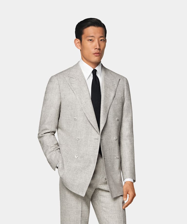 SUITSUPPLY Winter Alpaca Wool Polyamide by Ferla, Italy Light Grey Checked Tailored Fit Havana Suit