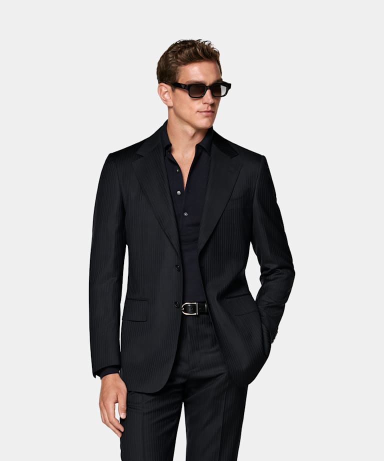 SUITSUPPLY All Season Pure S130's Wool by Carlo Barbera, Italy Navy Striped Tailored Fit Milano Suit