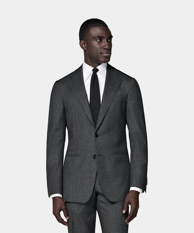 SUITSUPPLY All Season Pure S130's Wool by Drago, Italy Dark Grey Houndstooth Tailored Fit Havana Suit