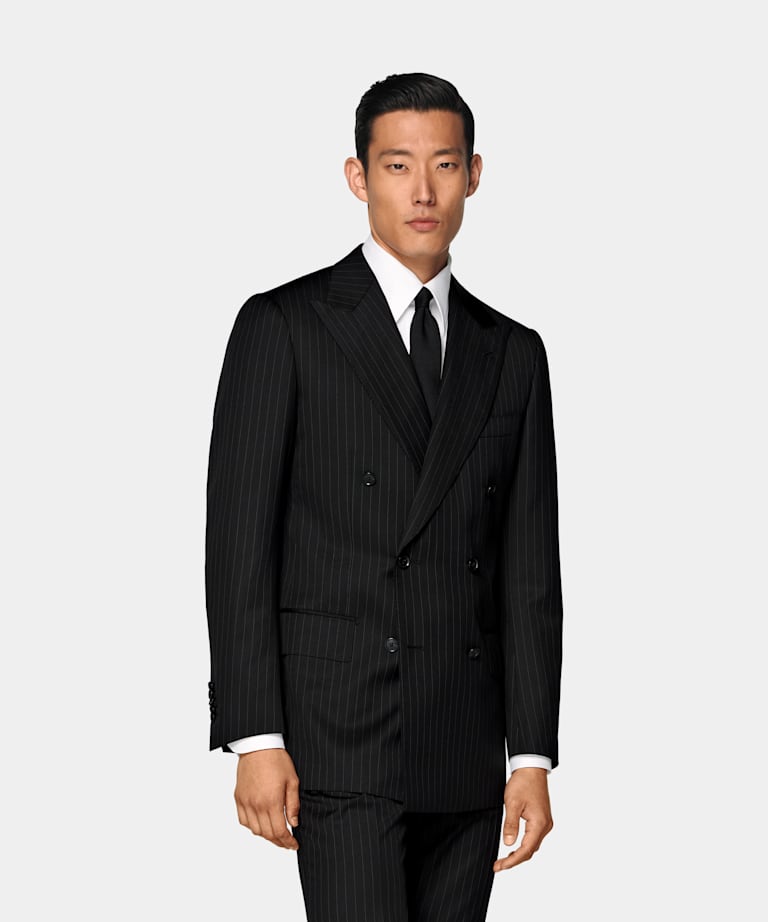 SUITSUPPLY All Season Pure S130's Wool by Drago, Italy Black Striped Tailored Fit Milano Suit