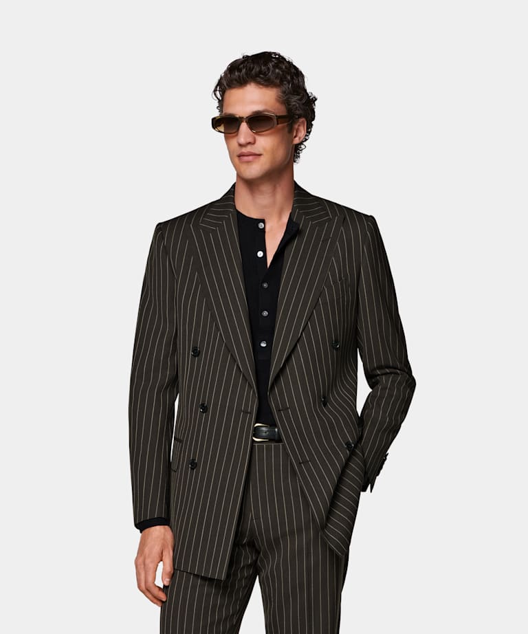 SUITSUPPLY All Season Pure Wool by Angelico, Italy Dark Green Striped Tailored Fit Milano Suit