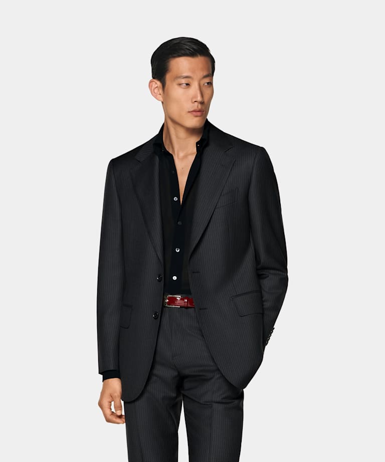 SUITSUPPLY All Season Pure Wool by Delfino, Italy Dark Grey Striped Tailored Fit Milano Suit