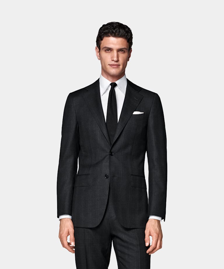 SUITSUPPLY All Season Wrinkle-Free Wool by Lanificio Ermenegildo Zegna, Italy Dark Grey Checked Tailored Fit Havana Suit