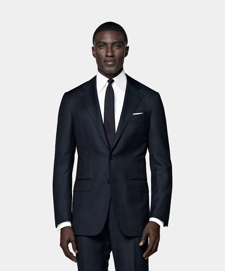 SUITSUPPLY 전체 시즌 구김 방지 울 Lanificio Ermenegildo Zegna에서 제작, 이탈리아산 네이비 체크 테일러드 핏 Havana 수트