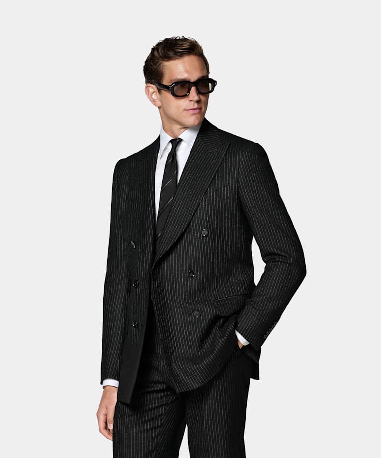 SUITSUPPLY Winter Pure Wool by Savile Clifford, United Kingdom Black Striped Tailored Fit Milano Suit