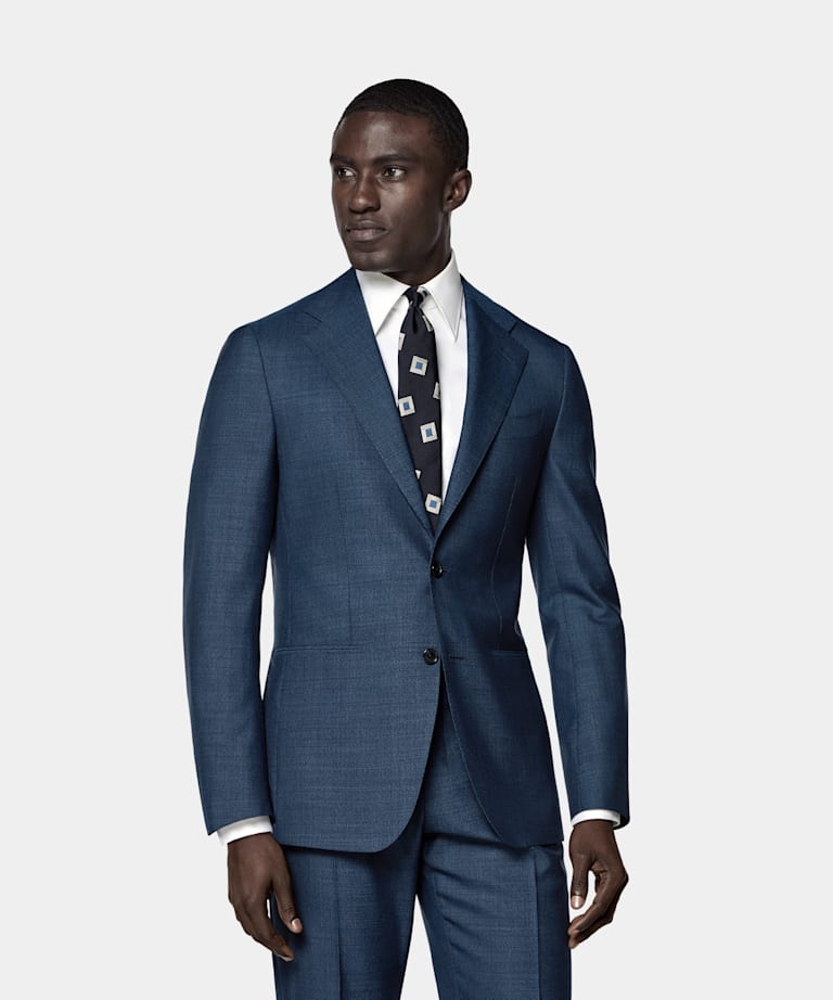 SUITSUPPLY All Season Pure Tropical Wool by Vitale Barberis Canonico, Italy Mid Blue Checked Perennial Tailored Fit Havana Suit