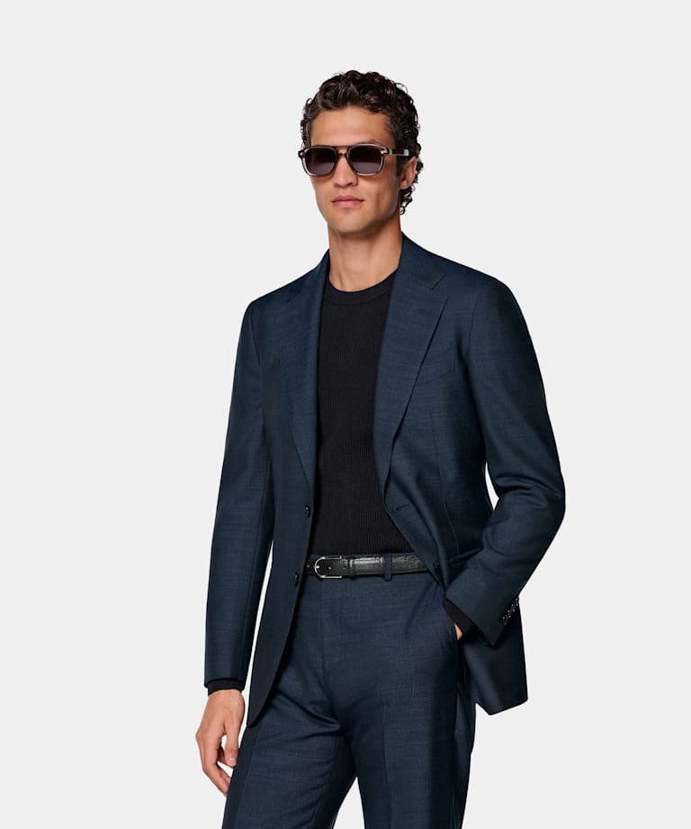 SUITSUPPLY All Season Pure Tropical Wool by Vitale Barberis Canonico, Italy Navy Checked Perennial Tailored Fit Havana Suit
