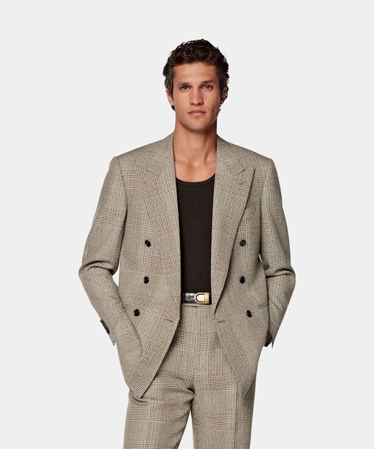 SUITSUPPLY All Season Pure Wool by Rogna, Italy Mid Brown Checked Relaxed Fit Roma Suit
