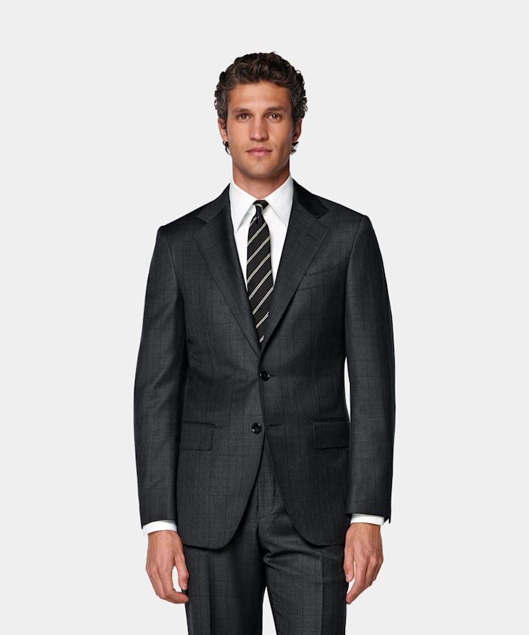 SUITSUPPLY All Season Wrinkle-Free Wool by Lanificio Ermenegildo Zegna, Italy Dark Grey Checked Tailored Fit Havana Suit