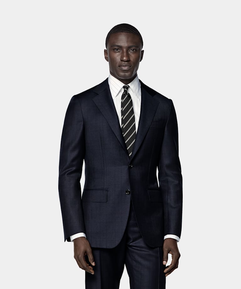 SUITSUPPLY All Season Lana sin arrugas de Lanificio Ermenegildo Zegna, Italia Traje Havana azul marino a cuadros corte Tailored
