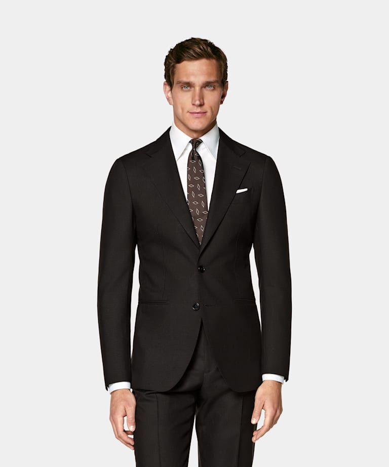 SUITSUPPLY All Season Wrinkle-Free Wool by Rogna, Italy Dark Brown Houndstooth Tailored Fit Havana Suit