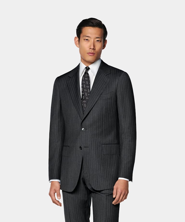 SUITSUPPLY All Season Pure S130's Wool by Carlo Barbera, Italy Dark Grey Striped Tailored Fit Havana Suit