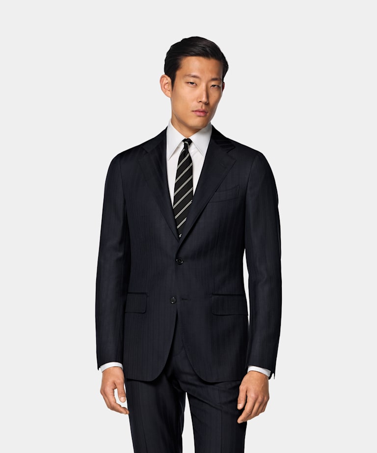 SUITSUPPLY All Season Pure S130's Wool by Carlo Barbera, Italy Navy Striped Tailored Fit Havana Suit