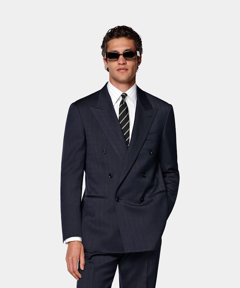 SUITSUPPLY All Season Pure Wool by Cerruti, Italy Navy Herringbone Relaxed Fit Roma Suit