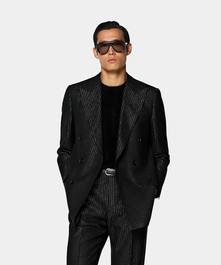 SUITSUPPLY All Season Mezcla de lana de Savile Clifford, Reino Unido Traje Milano negro a rayas corte Tailored