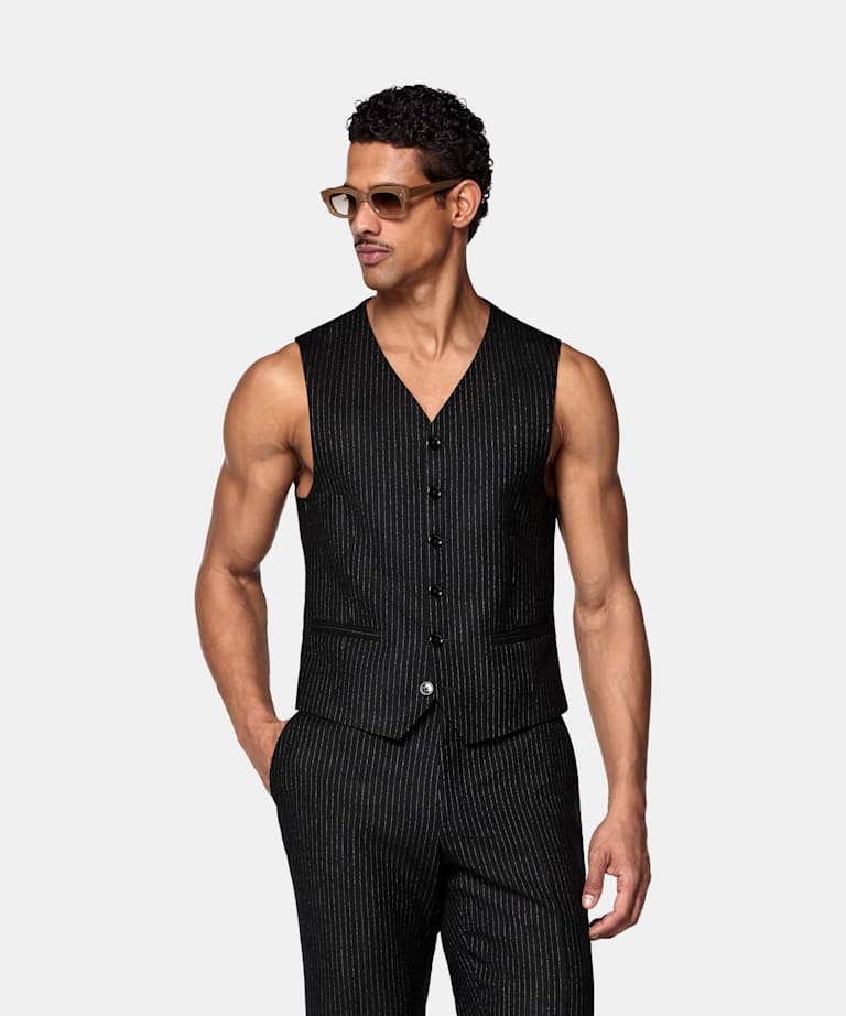 SUITSUPPLY Pure Wool by Savile Clifford, United Kingdom Black Striped Waistcoat