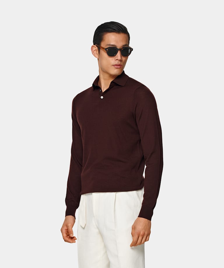 SUITSUPPLY Pure Wool Burgundy Long Sleeve Polo Shirt 
