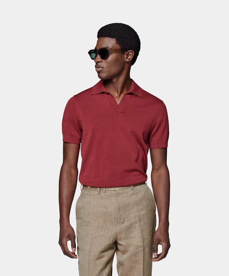 SUITSUPPLY Californian Cotton & Mulberry Silk Red Buttonless Polo