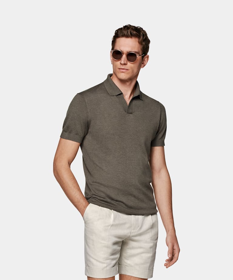 SUITSUPPLY Mulberry Silk, Australian Wool, Mongolian Cashmere Taupe Buttonless Polo Shirt 