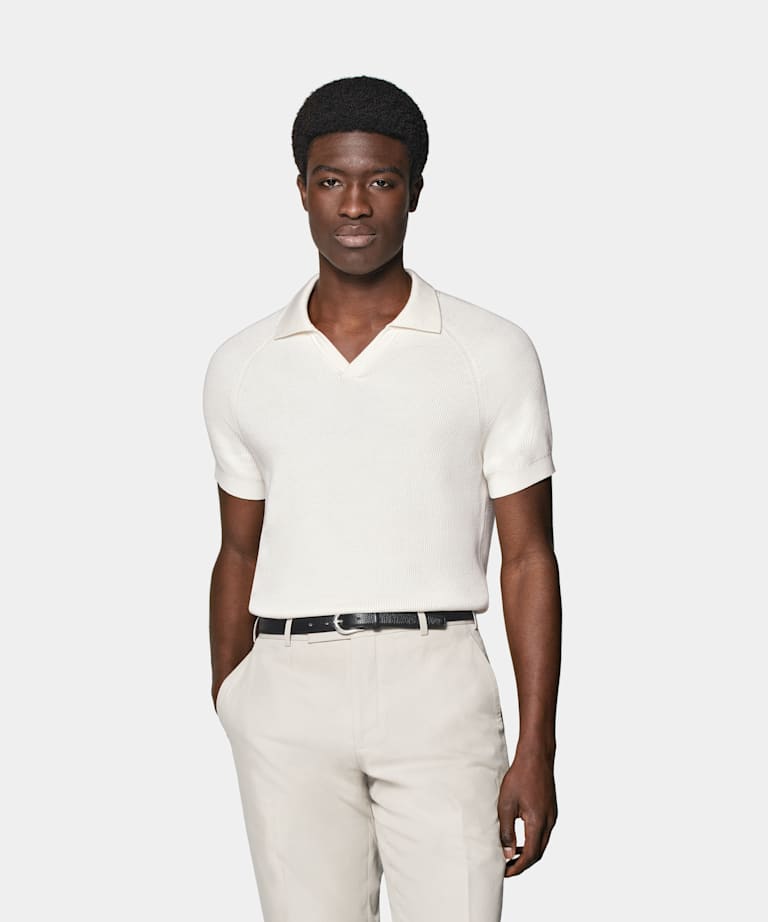 SUITSUPPLY Californian Cotton & Mulberry Silk Off-White Ribbed Buttonless Polo Shirt 