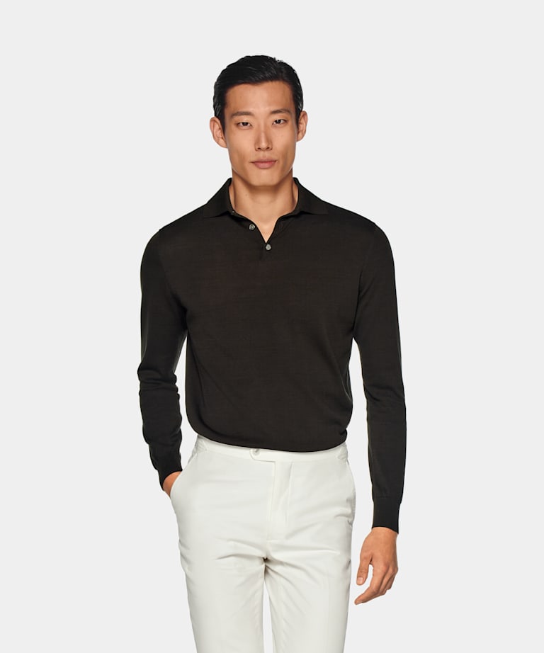 mørkere Forbyde Panorama Black Long Sleeve Polo Shirt in Pure Australian Merino Wool | SUITSUPPLY US