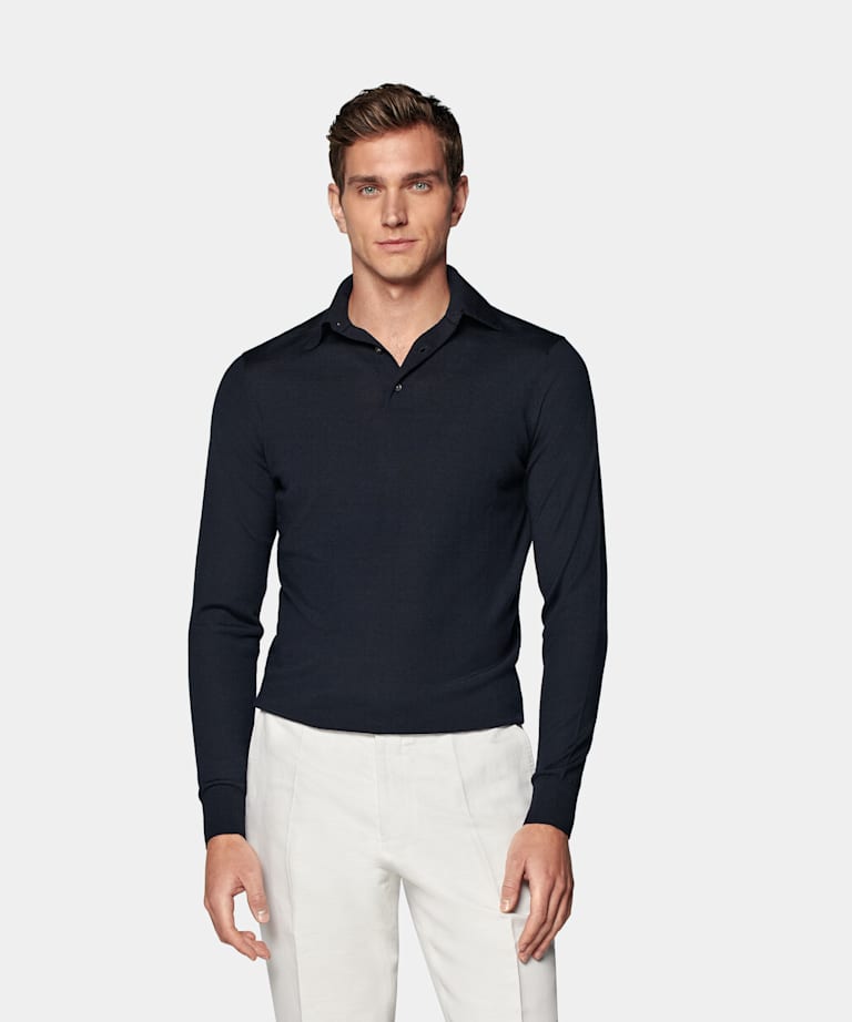 SUITSUPPLY Pure Australian Merino Wool Navy Long Sleeve Polo Shirt 