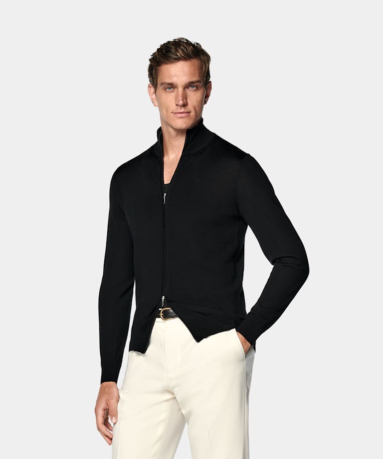 SUITSUPPLY Pure Wool Black Merino Zip Cardigan