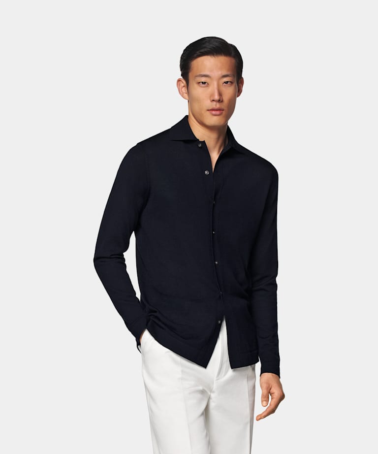 SUITSUPPLY Pure Wool Navy Merino Long Sleeve Polo Cardigan
