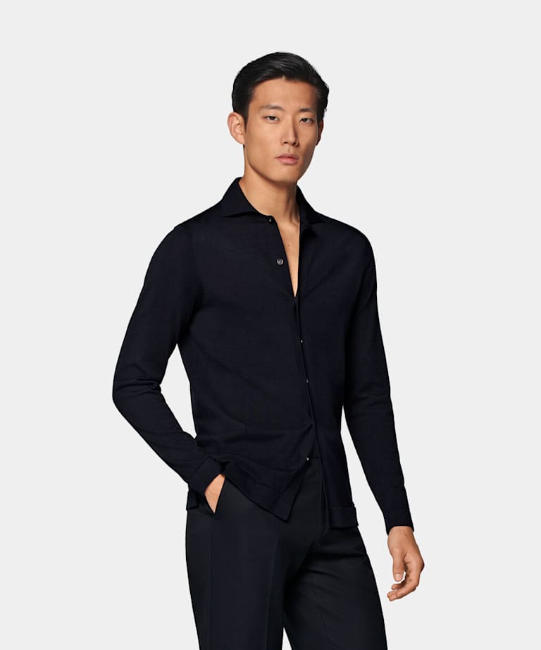 SUITSUPPLY Californian Cotton & Mulberry Silk Navy Long Sleeve Polo Cardigan