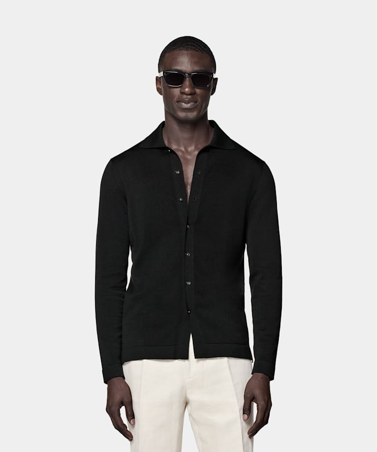SUITSUPPLY Californian Cotton & Mulberry Silk Black Long Sleeve Polo Cardigan