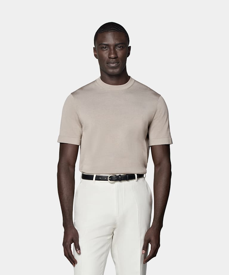 SUITSUPPLY Californian Cotton & Mulberry Silk Light Taupe Short Sleeve Crewneck