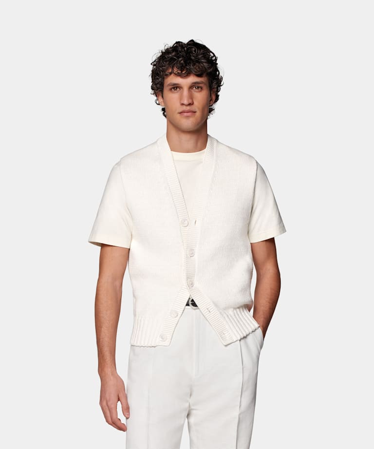 SUITSUPPLY Cotton, European Linen, Mulberry Silk Off-White Sleeveless Cardigan