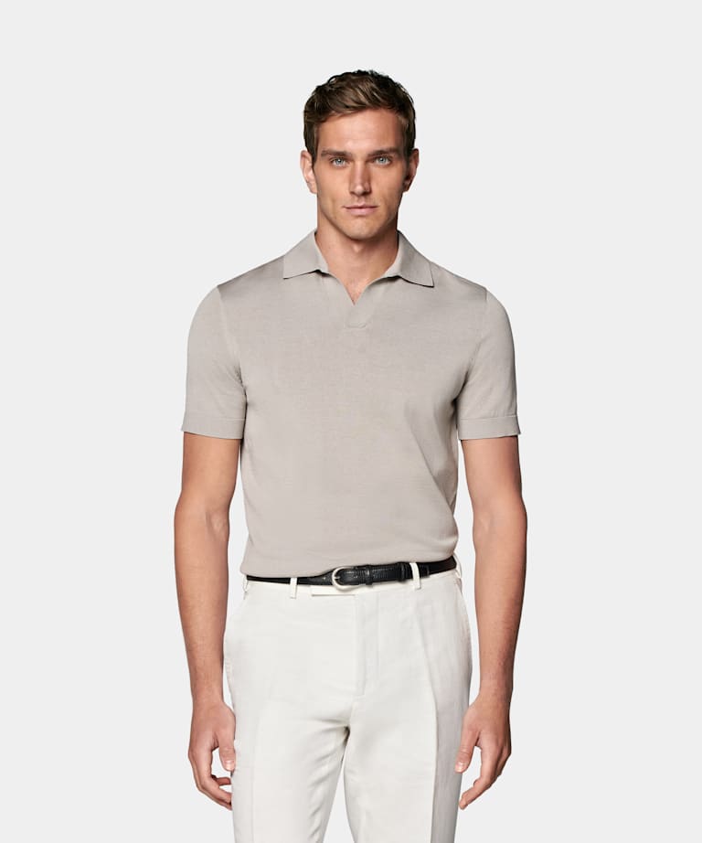 SUITSUPPLY Californian Cotton & Mulberry Silk Light Taupe Buttonless Polo Shirt 