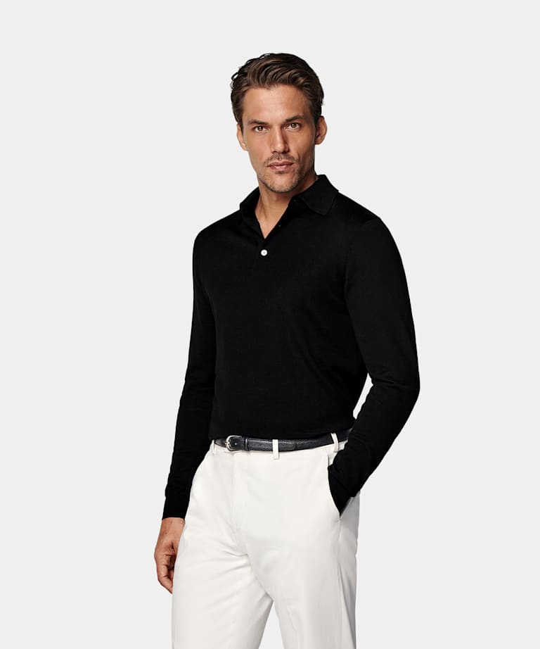 SUITSUPPLY Pure Wool Black Merino Long Sleeve Polo