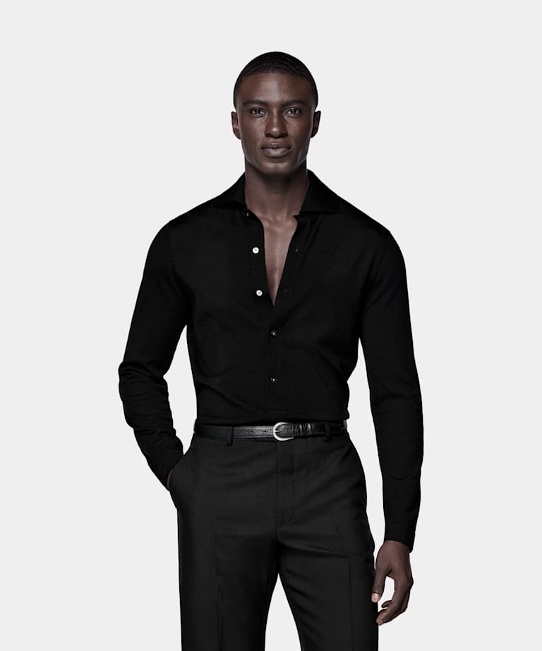SUITSUPPLY Pure Schurwolle Merino Polo-Cardigan Langarm schwarz