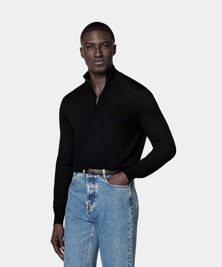 SUITSUPPLY Pure Wool Black Merino Half Zip