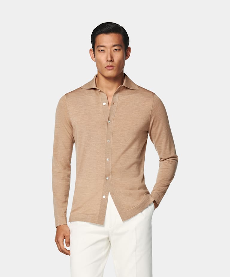 SUITSUPPLY Pure Wool Mid Brown Merino Long Sleeve Polo Cardigan
