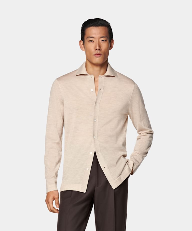 SUITSUPPLY Pure Wool Sand Merino Long Sleeve Polo Cardigan