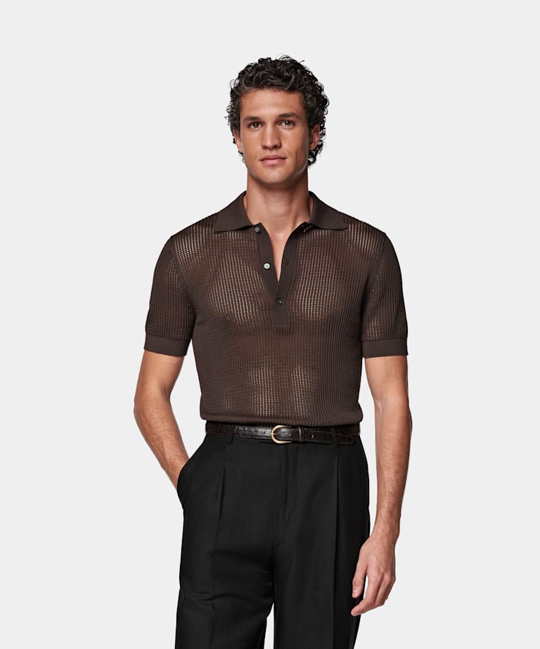 SUITSUPPLY Kalifornische Baumwolle und Maulbeerseide Poloshirt Crochet mittelbraun