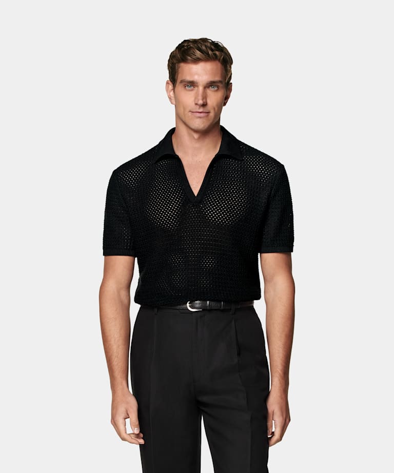 SUITSUPPLY Pure Cotton Black Crochet Buttonless Polo