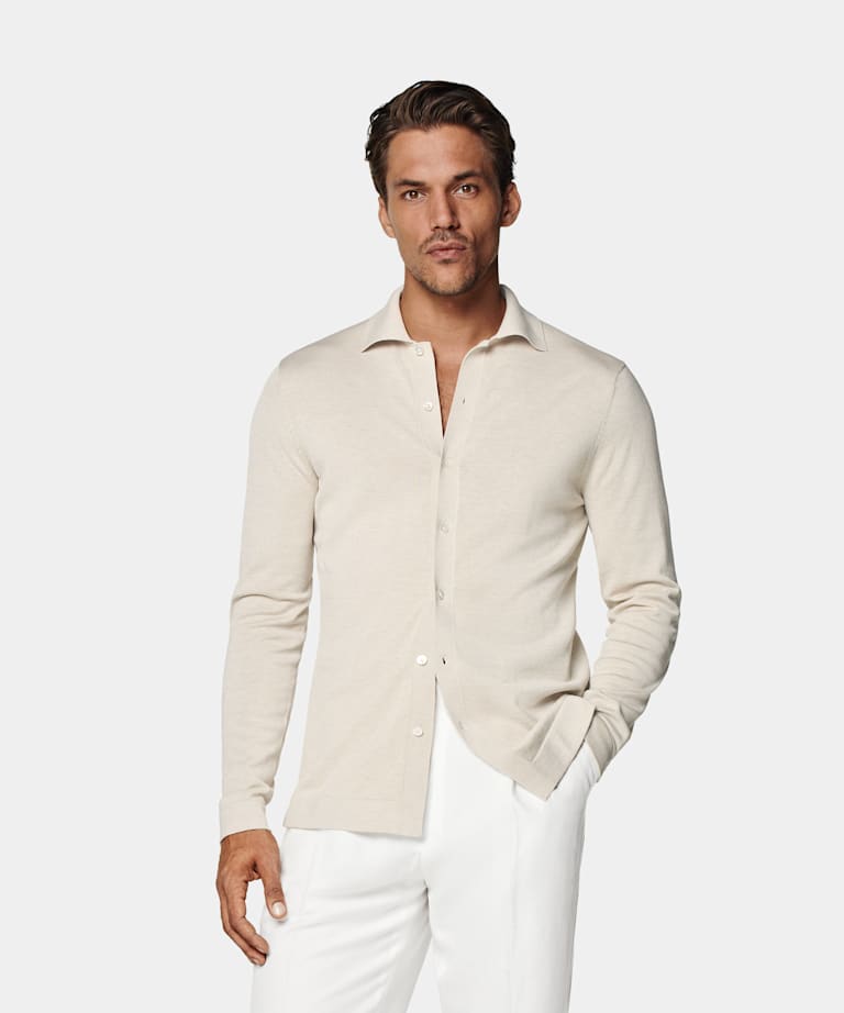 SUITSUPPLY Californian Cotton & Mulberry Silk Sand Long Sleeve Polo Cardigan