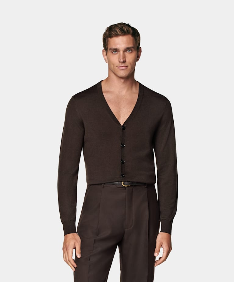 SUITSUPPLY Silk, Wool, Cashmere Mid Brown V-Neck Cardigan
