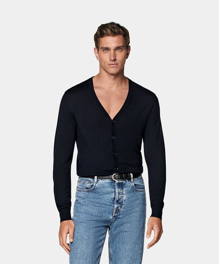 SUITSUPPLY Silk, Wool, Cashmere Navy V-Neck Cardigan
