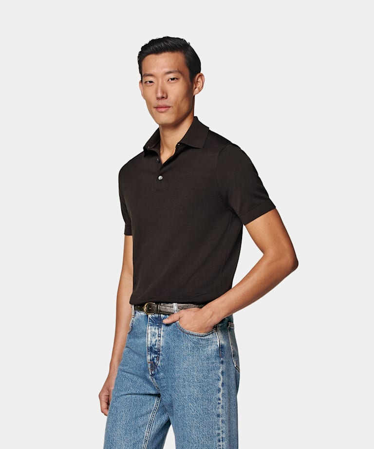 SUITSUPPLY Kalifornische Baumwolle und Maulbeerseide Poloshirt dunkelbraun