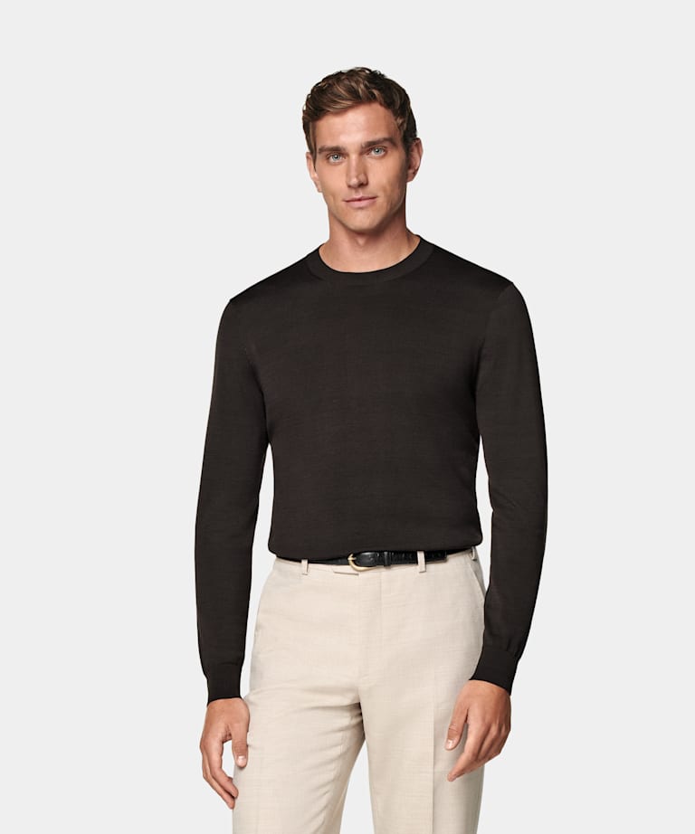 SUITSUPPLY Kalifornische Baumwolle und Maulbeerseide Rundhalspullover dunkelbraun