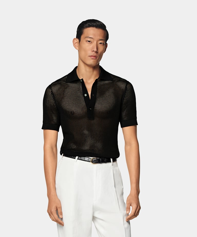 SUITSUPPLY Kalifornische Baumwolle und Maulbeerseide Crochet-Poloshirt schwarz
