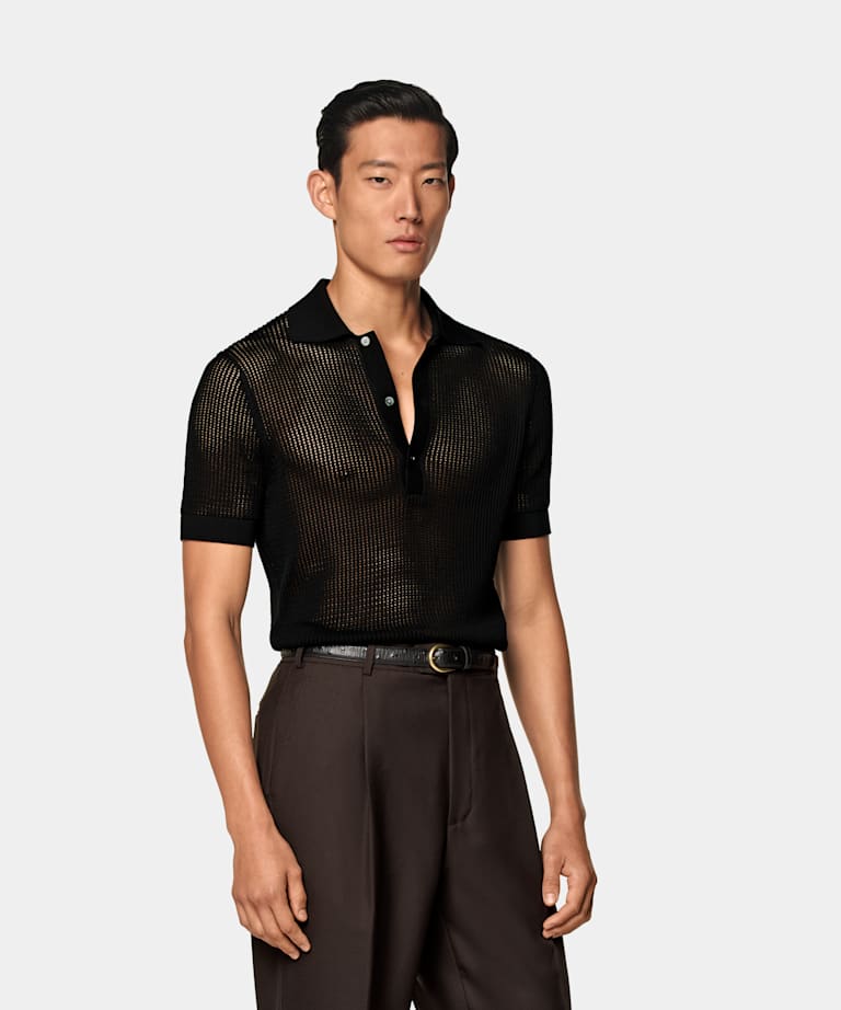 SUITSUPPLY Californian Cotton & Mulberry Silk Black Crochet Polo