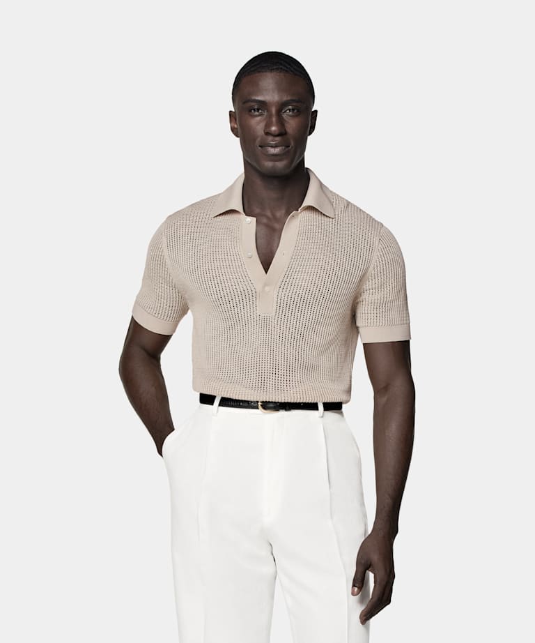 SUITSUPPLY Kalifornische Baumwolle und Maulbeerseide Crochet-Poloshirt sand